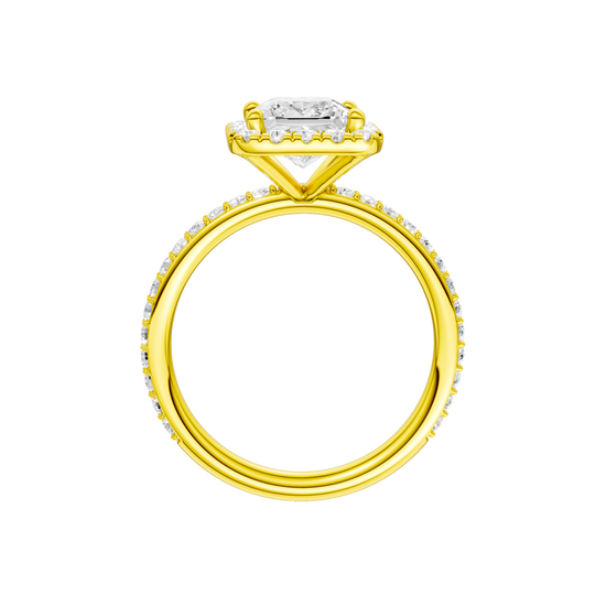 A profile view of the Princess cut diamond engagement ring in 14k yellow gold with a prong diamond band and cathedral setting
