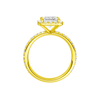 A profile view of the Princess cut diamond engagement ring in 14k yellow gold with a prong diamond band and cathedral setting