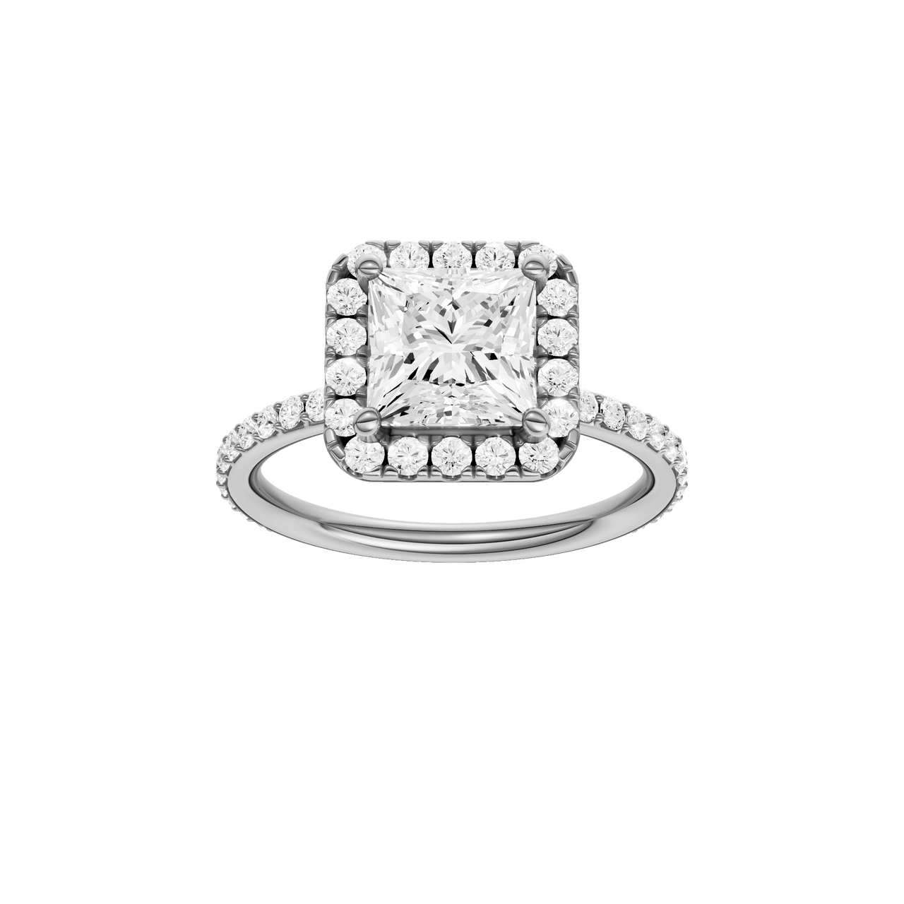 A front view of the Princess cut diamond engagement ring in 14k white gold with a prong diamond band and cathedral setting