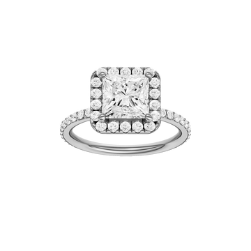 A front view of the Princess cut diamond engagement ring in 14k white gold with a prong diamond band and cathedral setting
