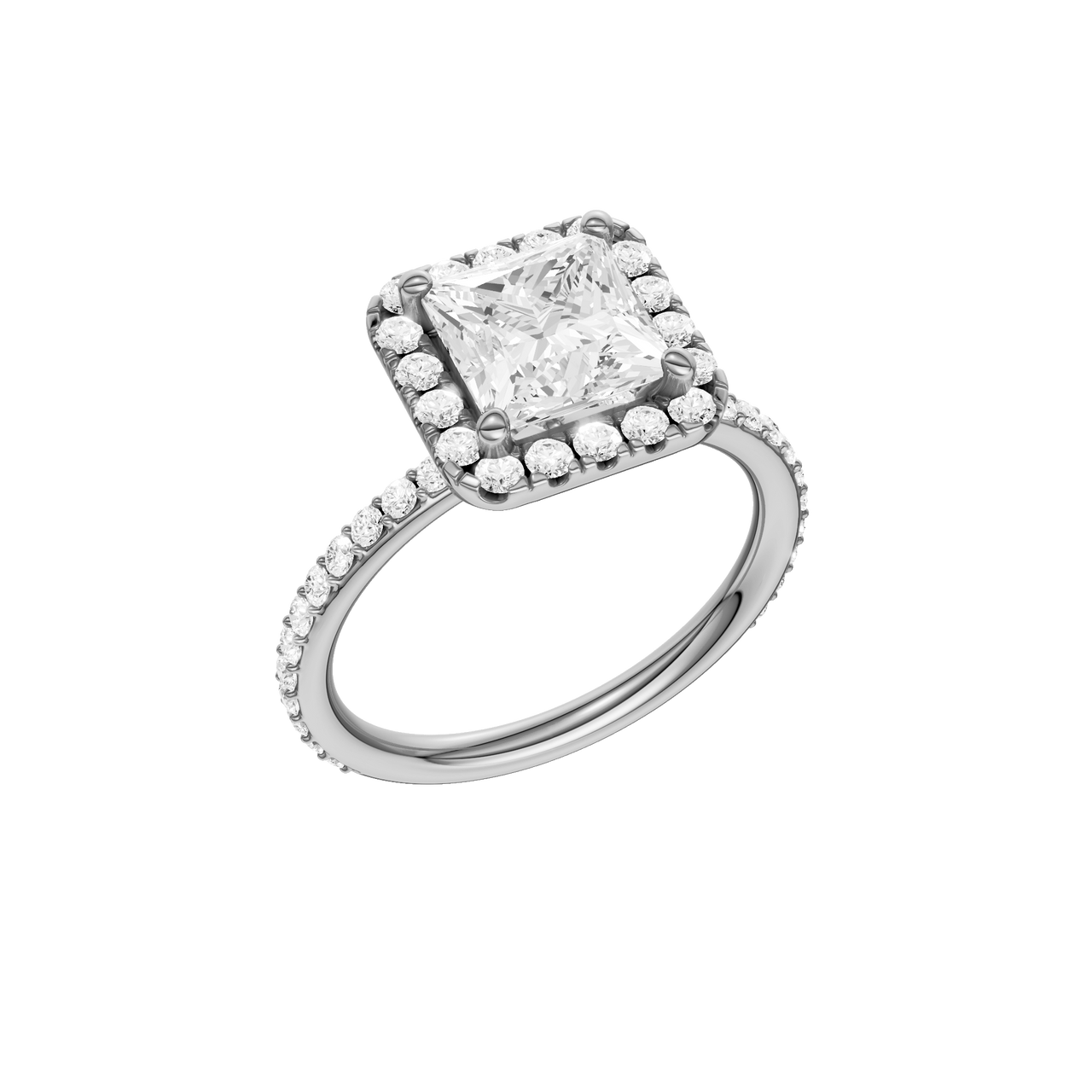 A three-quarter view of the Princess cut diamond engagement ring in 14k white gold with a prong diamond band and cathedral setting