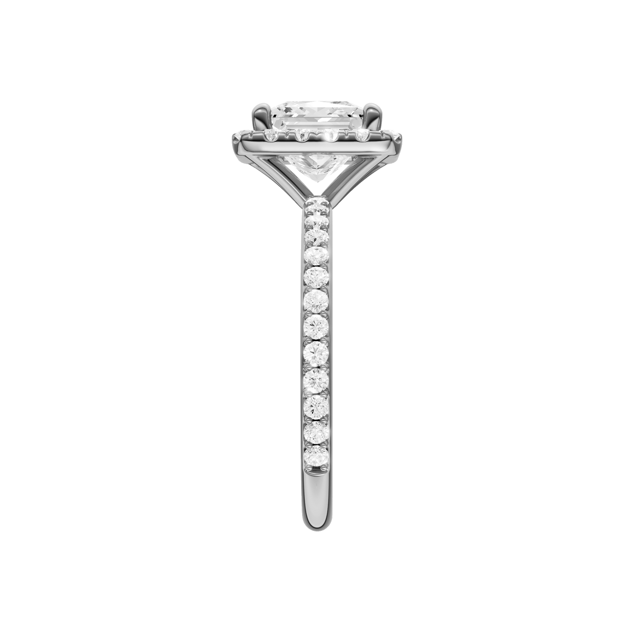 A side view of the Princess cut diamond engagement ring in 14k white gold with a prong diamond band and cathedral setting