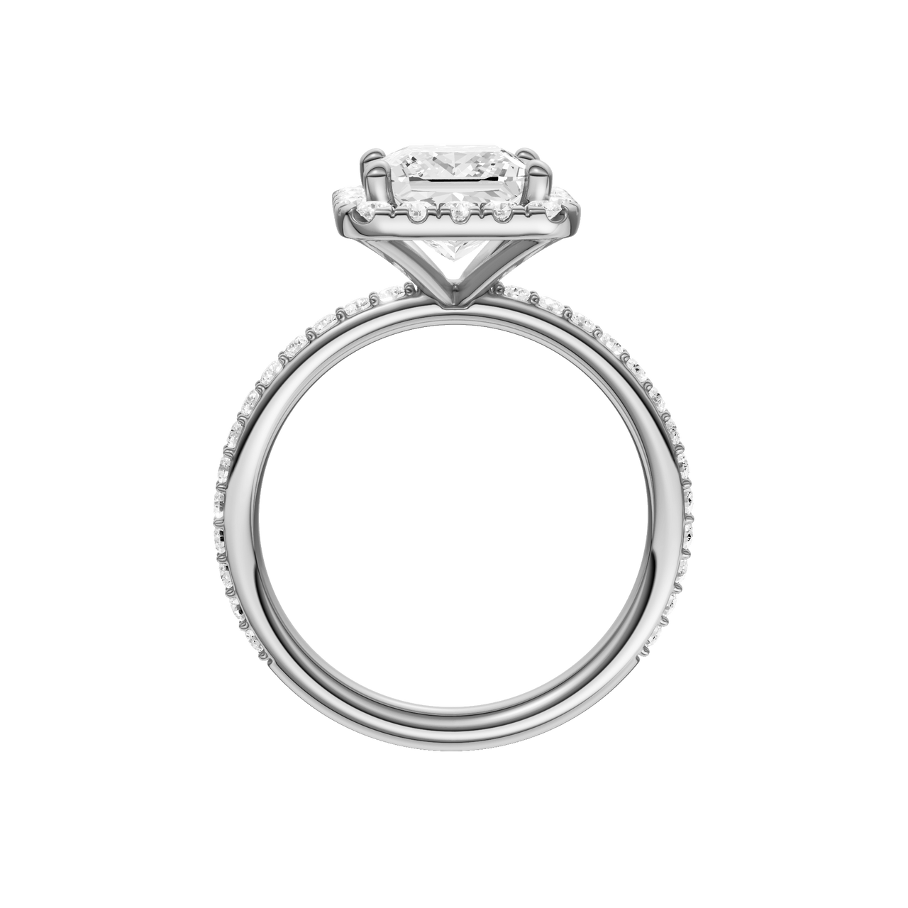 A profile view of the Princess cut diamond engagement ring in 14k white gold with a prong diamond band and cathedral setting