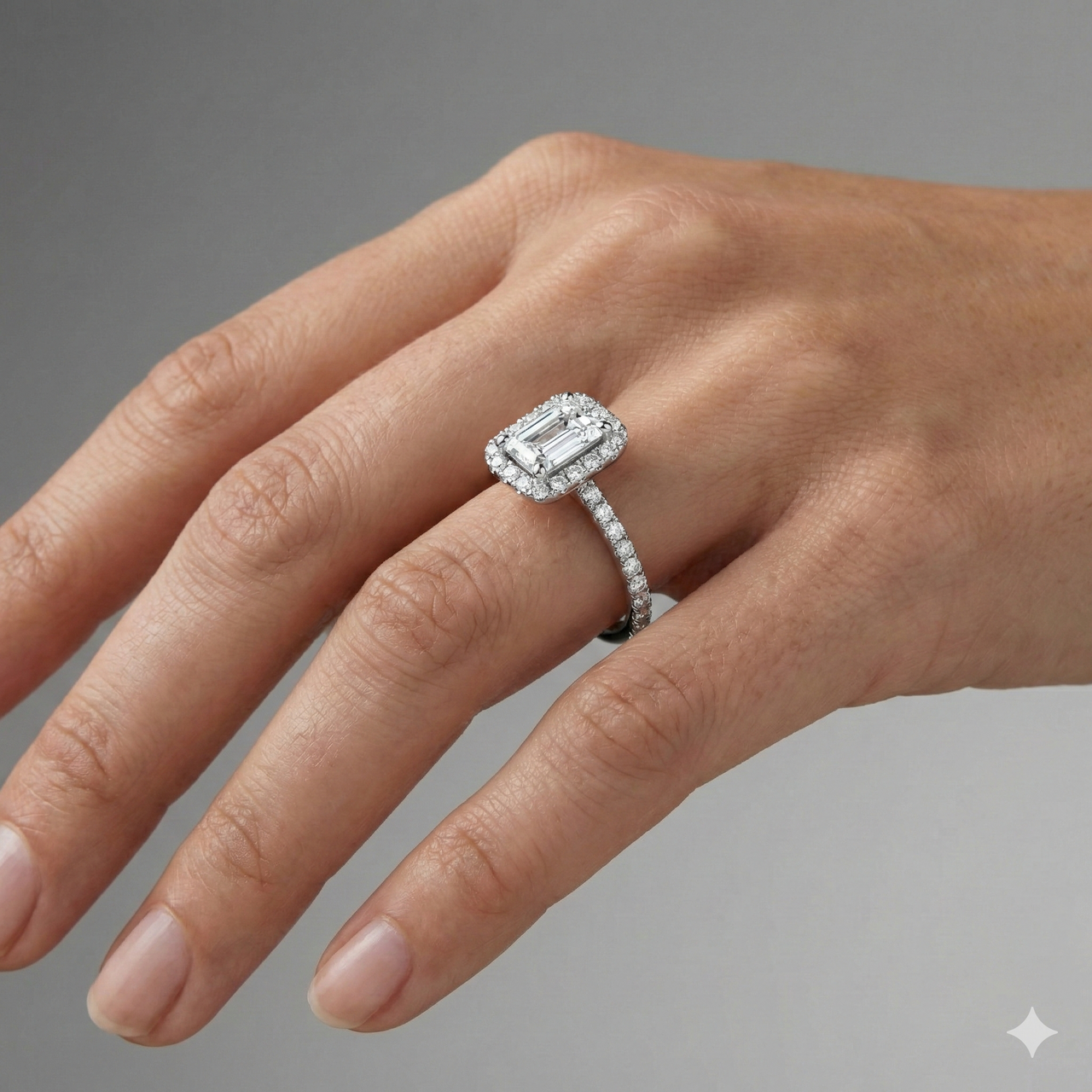 Radiant cut diamond engagement ring in 14k white gold with a prong diamond band and cathedral setting on a hand