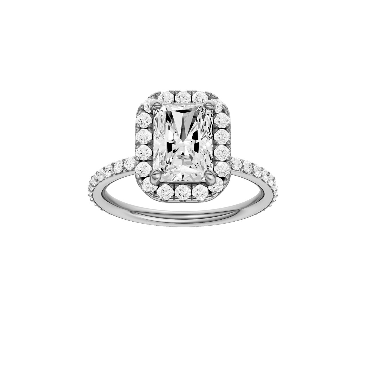 A front view of the radiant cut diamond engagement ring in platinum with a prong diamond band and cathedral setting