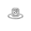 A front view of the radiant cut diamond engagement ring in 14k white gold with a prong diamond band and cathedral setting