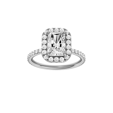 A front view of the radiant cut diamond engagement ring in 14k white gold with a prong diamond band and cathedral setting