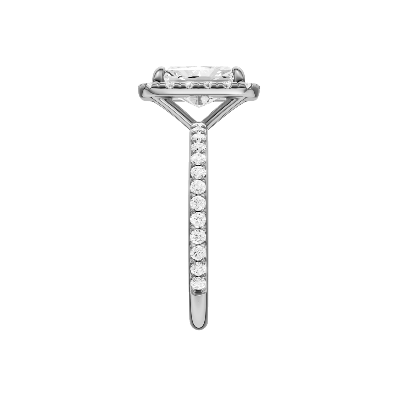 A side view of the radiant cut diamond engagement ring in 14k white gold with a prong diamond band and cathedral setting