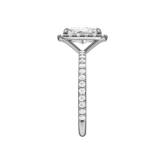 A side view of the radiant cut diamond engagement ring in platinum with a prong diamond band and cathedral setting
