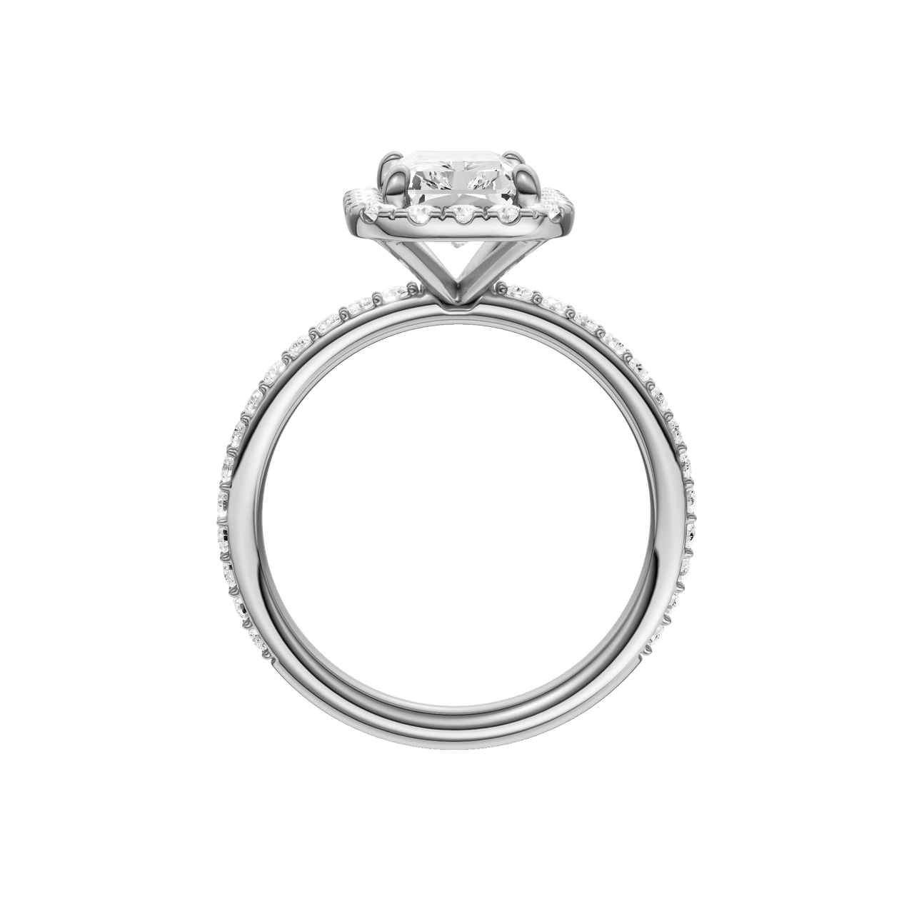 A profile view of the radiant cut diamond engagement ring in 14k white gold with a prong diamond band and cathedral setting