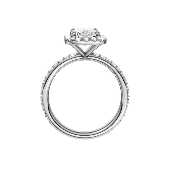 A profile view of the radiant cut diamond engagement ring in platinum with a prong diamond band and cathedral setting