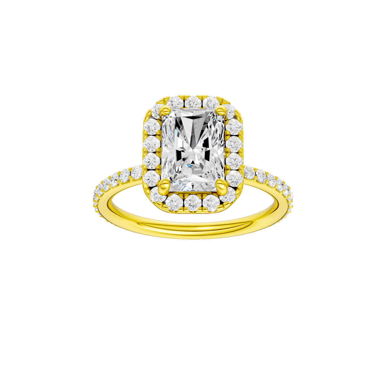 A front view of the radiant cut diamond engagement ring in 14k yellow gold with a prong diamond band and cathedral setting