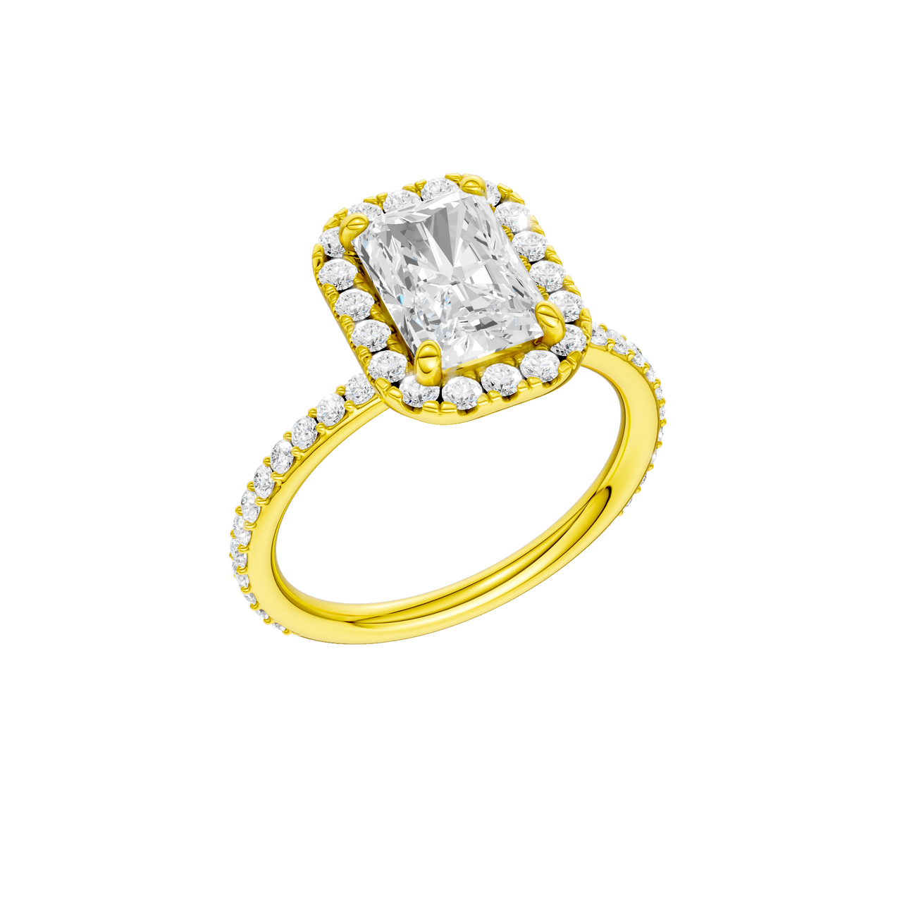 A three-quarter view of the radiant cut diamond engagement ring in 14k yellow gold with a prong diamond band and cathedral setting