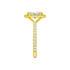 A side view of the radiant cut diamond engagement ring in 14k yellow gold with a prong diamond band and cathedral setting