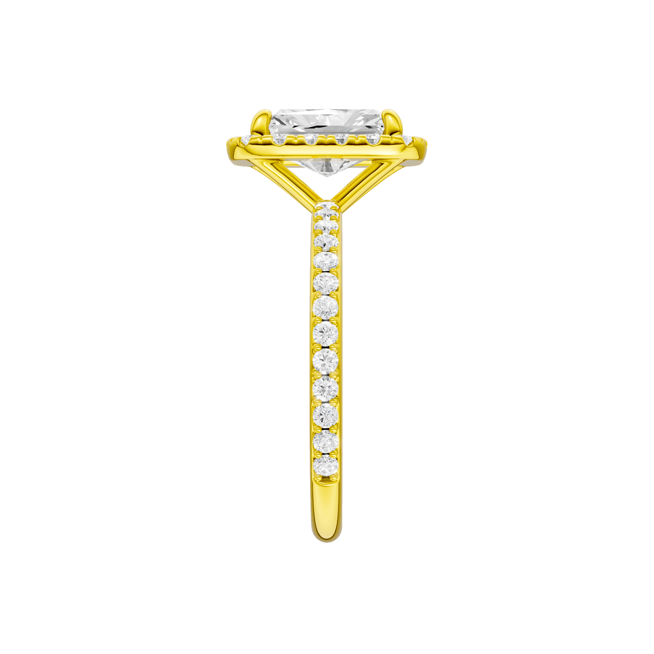 A side view of the radiant cut diamond engagement ring in 14k yellow gold with a prong diamond band and cathedral setting
