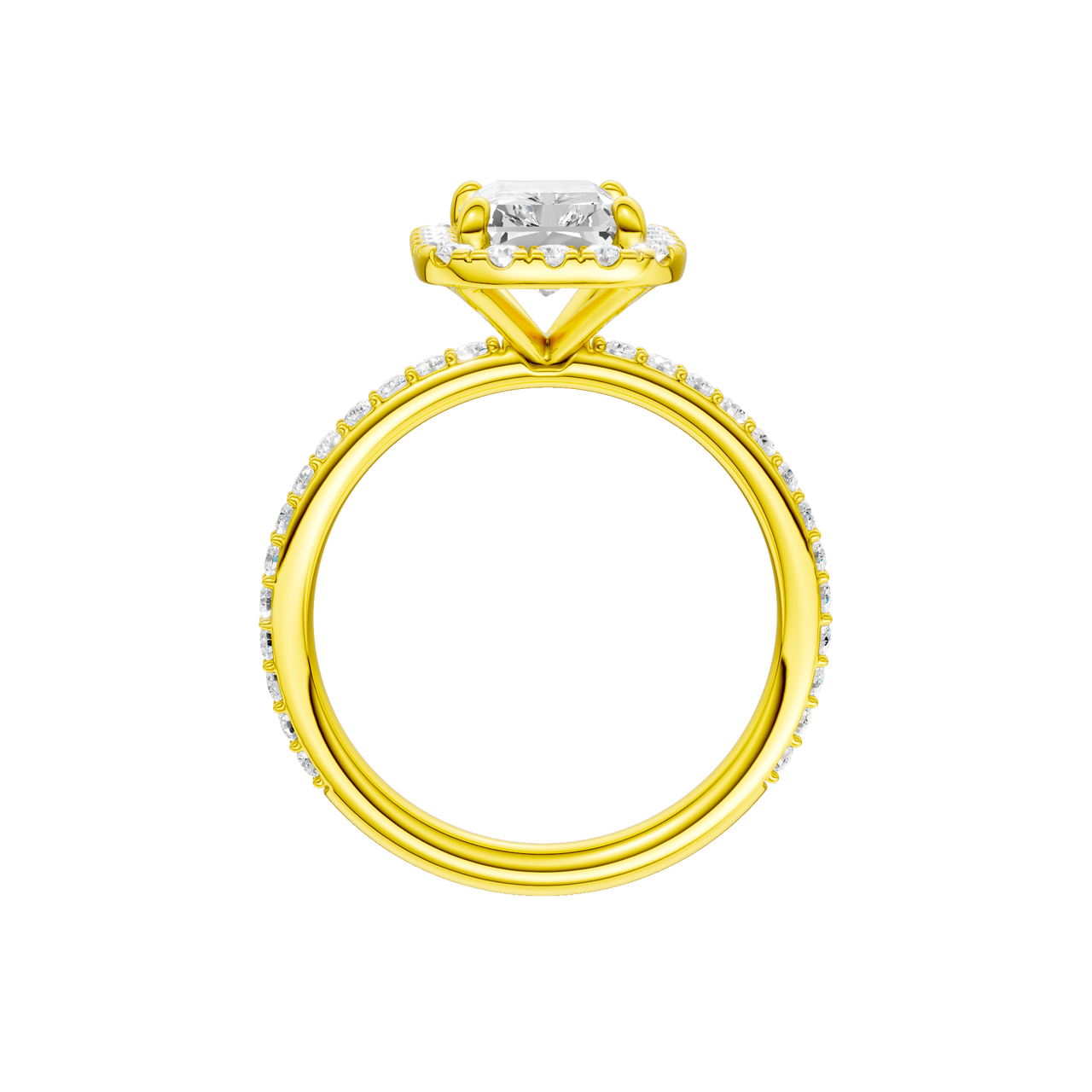 A profile view of the radiant cut diamond engagement ring in 14k yellow gold with a prong diamond band and cathedral setting