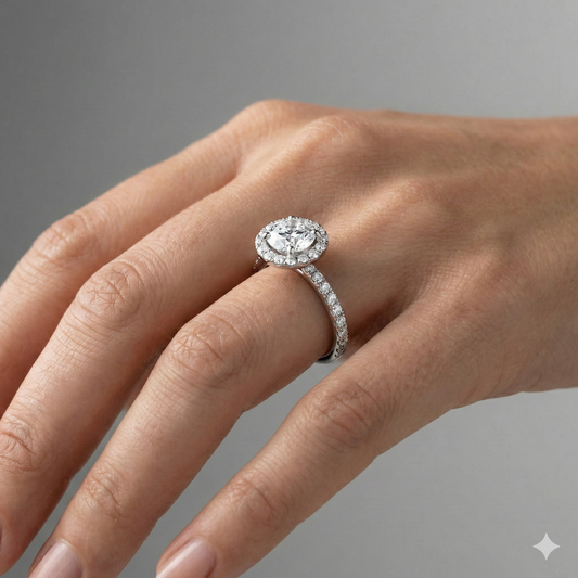 Round cut diamond engagement ring in 14k white gold with a prong diamond band and cathedral setting on a hand
