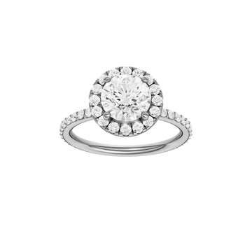 A front view of the Round cut diamond engagement ring in 14k white gold with a prong diamond band and cathedral setting