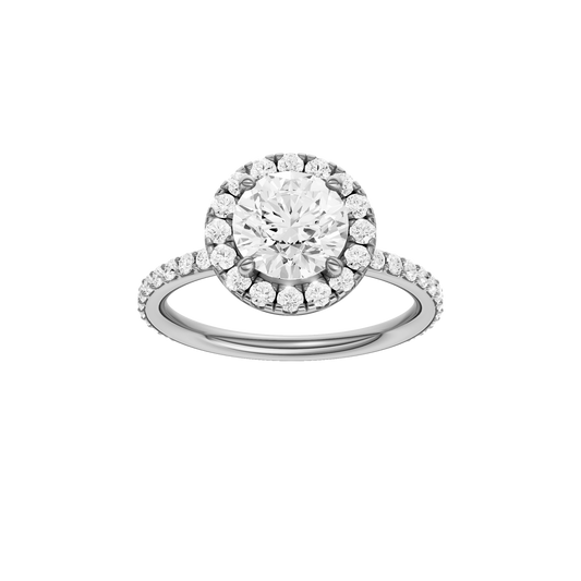 A front view of the Round cut diamond engagement ring in 14k white gold with a prong diamond band and cathedral setting