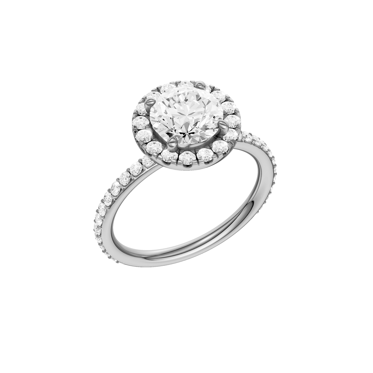 A three-quarter view of the Round cut diamond engagement ring in 14k white gold with a prong diamond band and cathedral setting