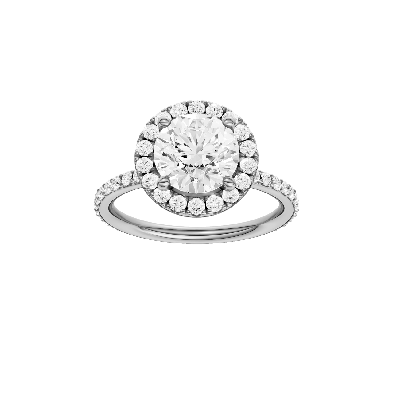 A front view of the Round cut diamond engagement ring in platinum with a prong diamond band and cathedral setting
