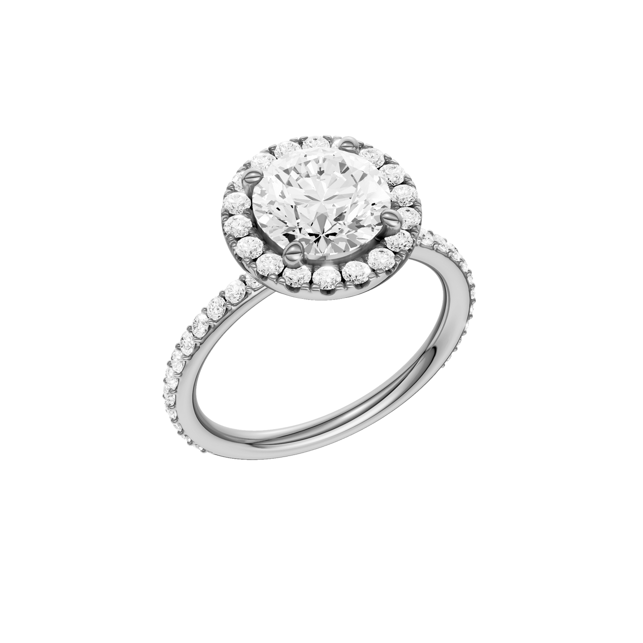A three-quarter view of the Round cut diamond engagement ring in platinum with a prong diamond band and cathedral setting