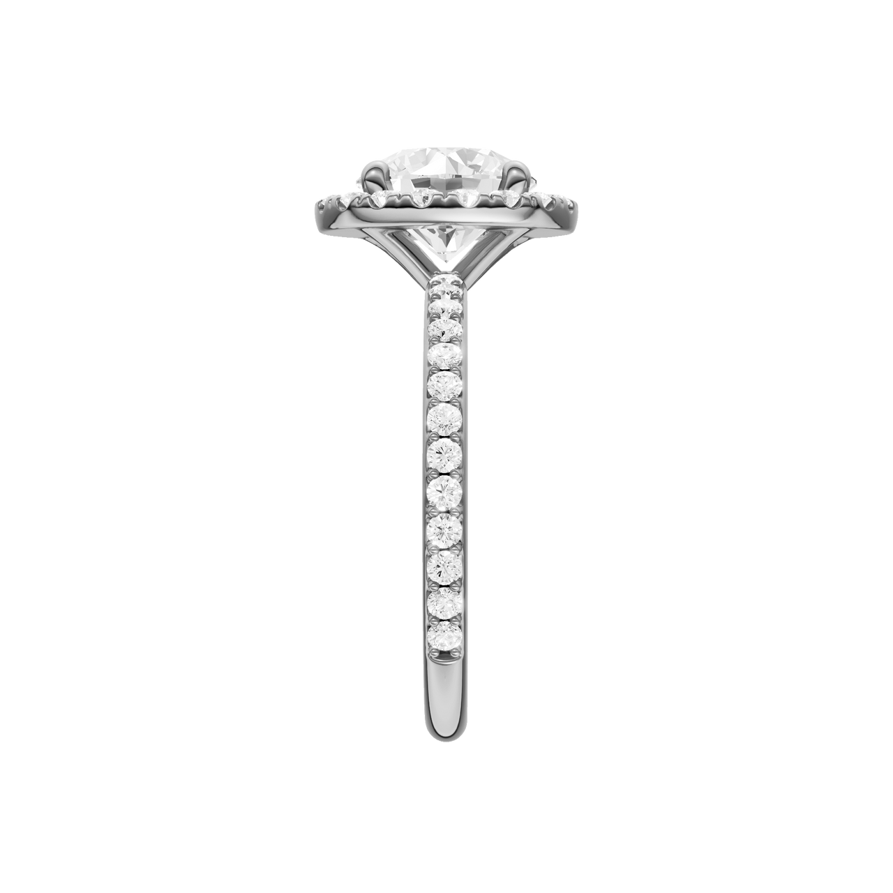 A side view of the Round cut diamond engagement ring in platinum with a prong diamond band and cathedral setting