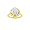 A front view of the Round cut diamond engagement ring in 14k yellow gold with a prong diamond band and cathedral setting