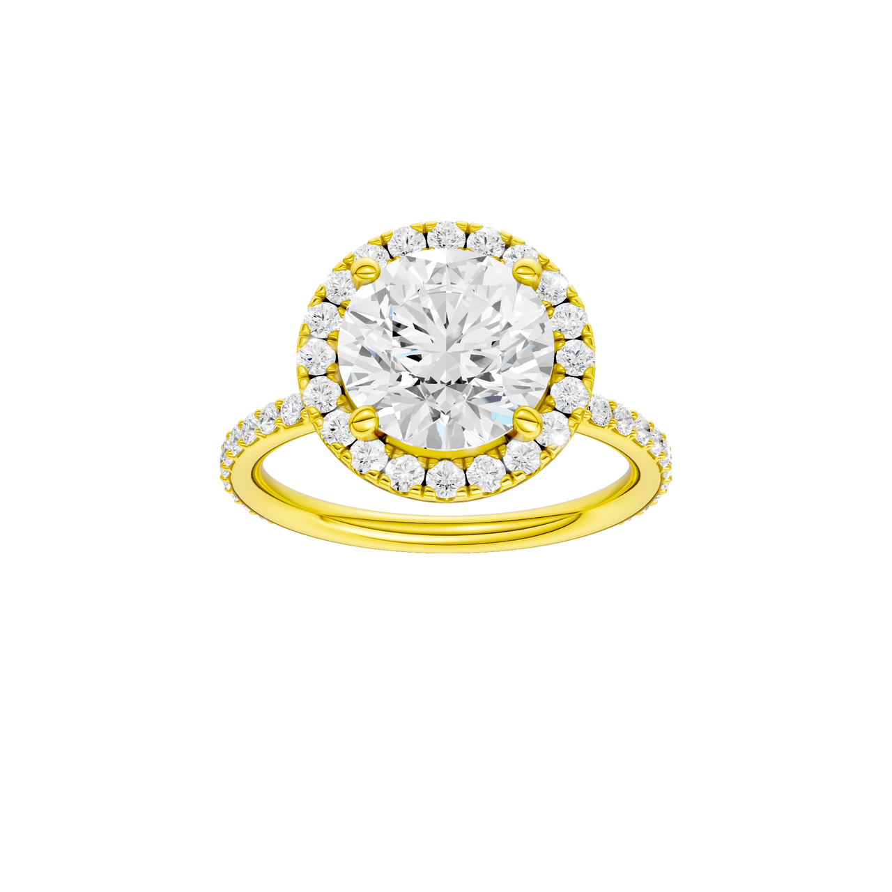 A front view of the Round cut diamond engagement ring in 14k yellow gold with a prong diamond band and cathedral setting