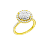 A three-quarter view of the Round cut diamond engagement ring in 14k yellow gold with a prong diamond band and cathedral setting