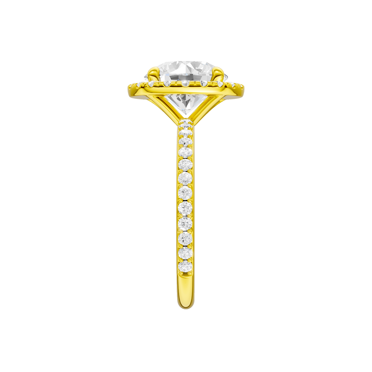 A side view of the Round cut diamond engagement ring in 14k yellow gold with a prong diamond band and cathedral setting