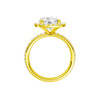 A profile view of the Round cut diamond engagement ring in 14k yellow gold with a prong diamond band and cathedral setting