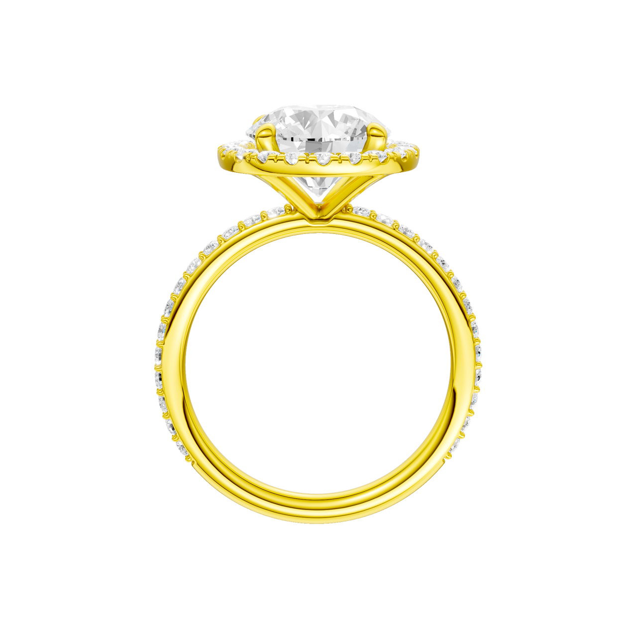 A profile view of the Round cut diamond engagement ring in 14k yellow gold with a prong diamond band and cathedral setting