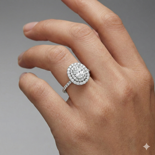 Elongated cushion cut diamond engagement ring in 14k white gold with a prong diamond band and cathedral setting on a hand