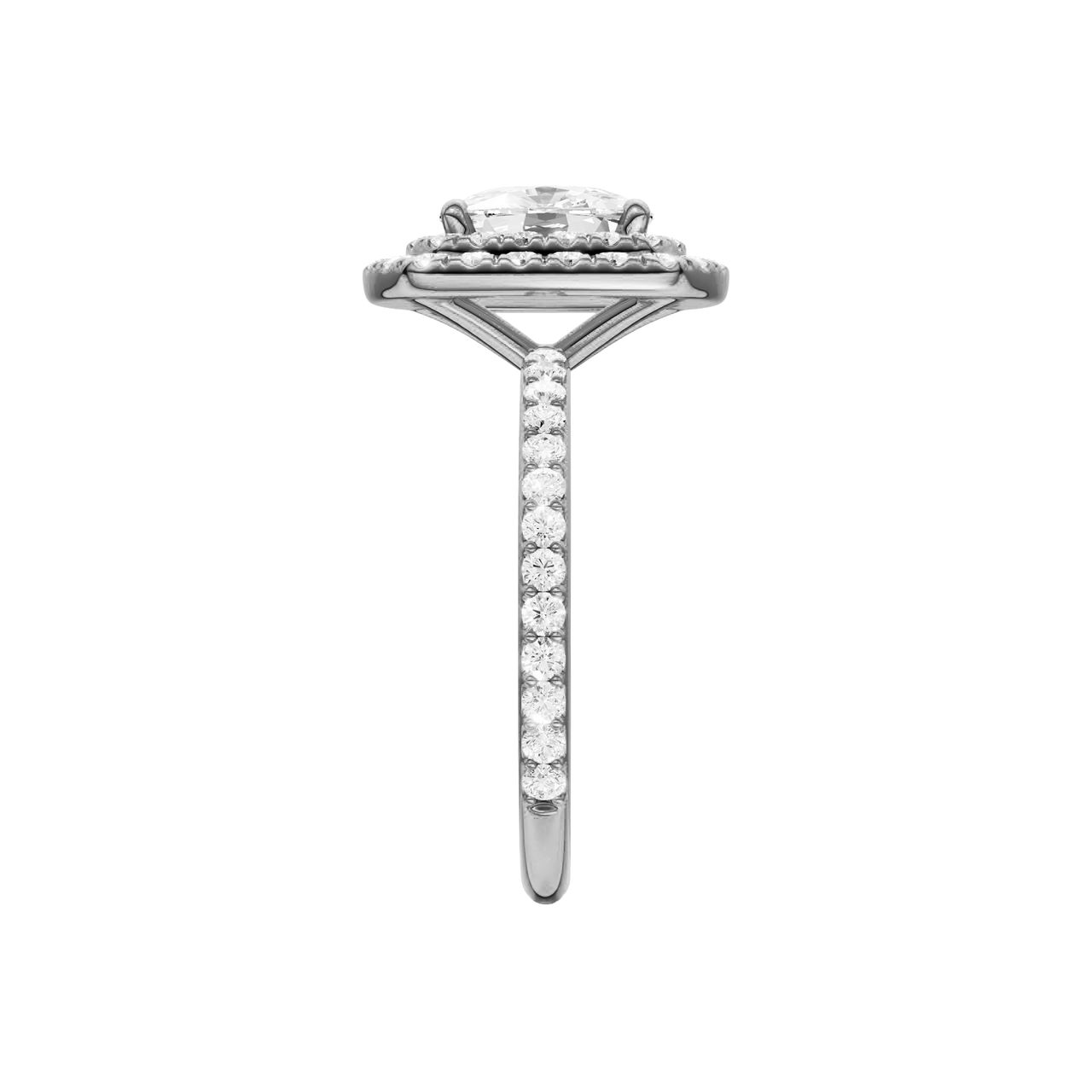 A side view of the Elongated cushion cut diamond engagement ring in platinum with a prong diamond band and cathedral setting