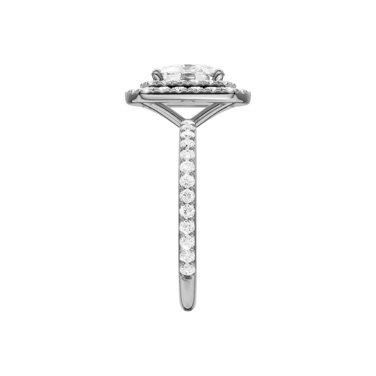 A side view of the Elongated cushion cut diamond engagement ring in 14k white gold with a prong diamond band and cathedral setting
