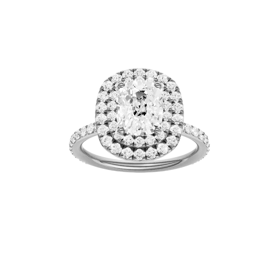 A front view of the Elongated cushion cut diamond engagement ring in 14k white gold with a prong diamond band and cathedral setting