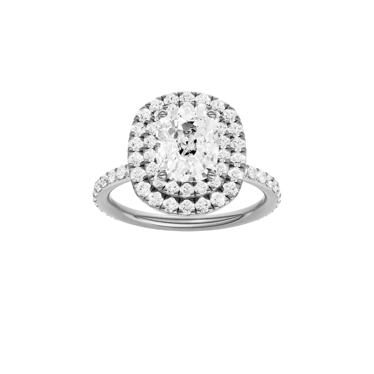 A front view of the Elongated cushion cut diamond engagement ring in 14k white gold with a prong diamond band and cathedral setting