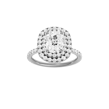 A front view of the Elongated cushion cut diamond engagement ring in 14k white gold with a prong diamond band and cathedral setting