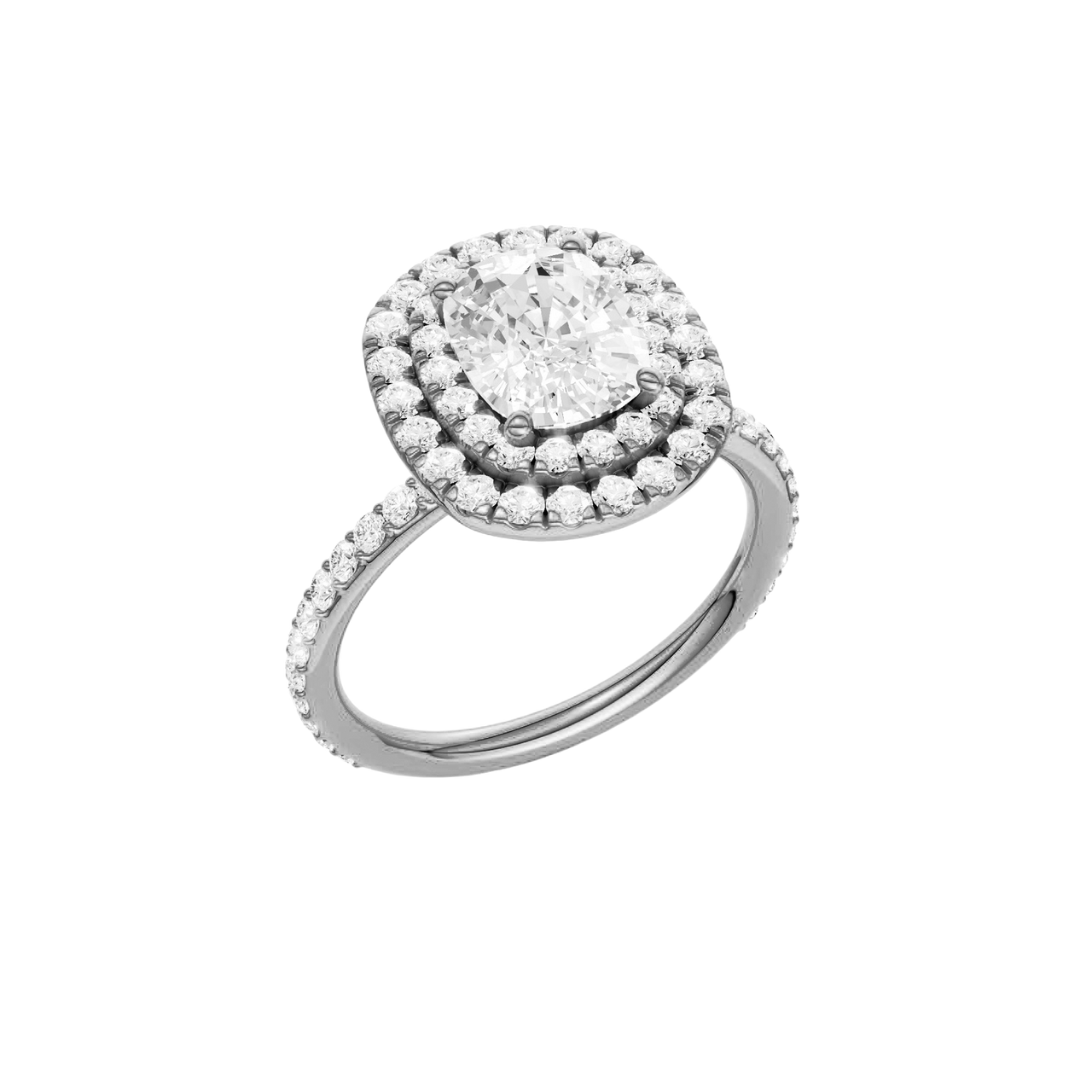 A three-quarter view of the Elongated cushion cut diamond engagement ring in 14k white gold with a prong diamond band and cathedral setting