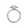 A profile view of the Elongated cushion cut diamond engagement ring in platinum with a prong diamond band and cathedral setting