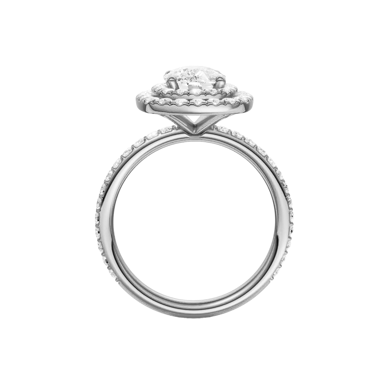 A profile view of the Elongated cushion cut diamond engagement ring in platinum with a prong diamond band and cathedral setting