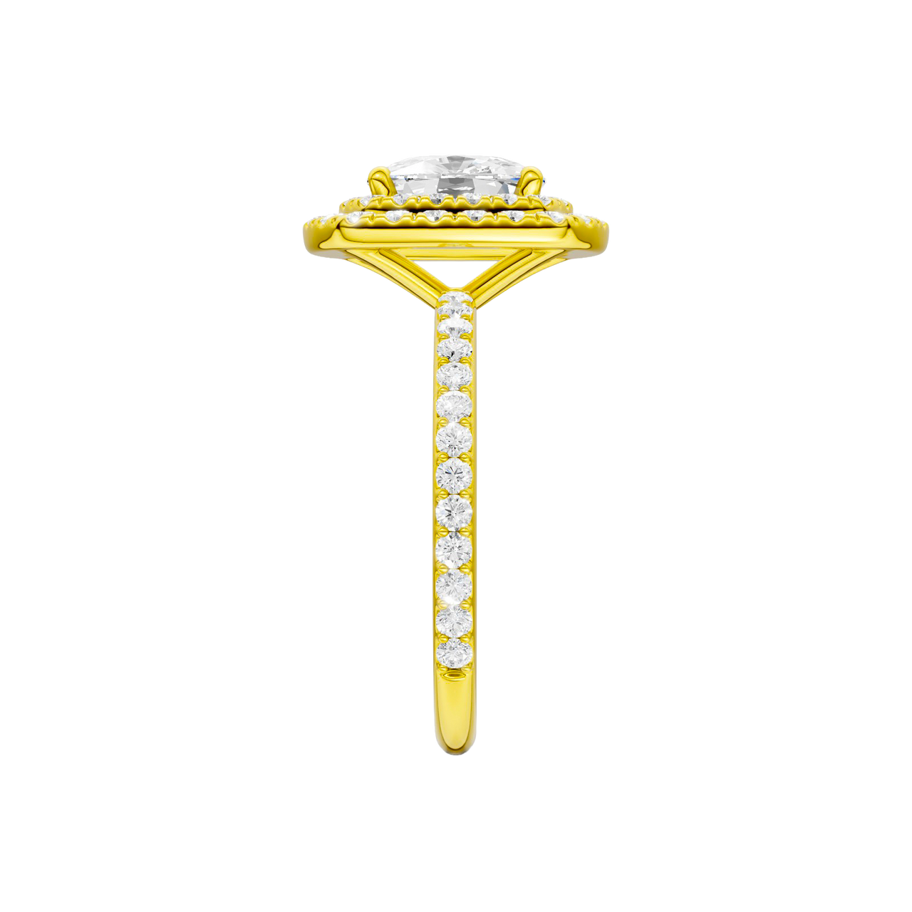 A side view of the Elongated cushion cut diamond engagement ring in 14k yellow gold with a prong diamond band and cathedral setting
