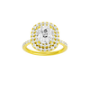A front view of the Elongated cushion cut diamond engagement ring in 14k yellow gold with a prong diamond band and cathedral setting