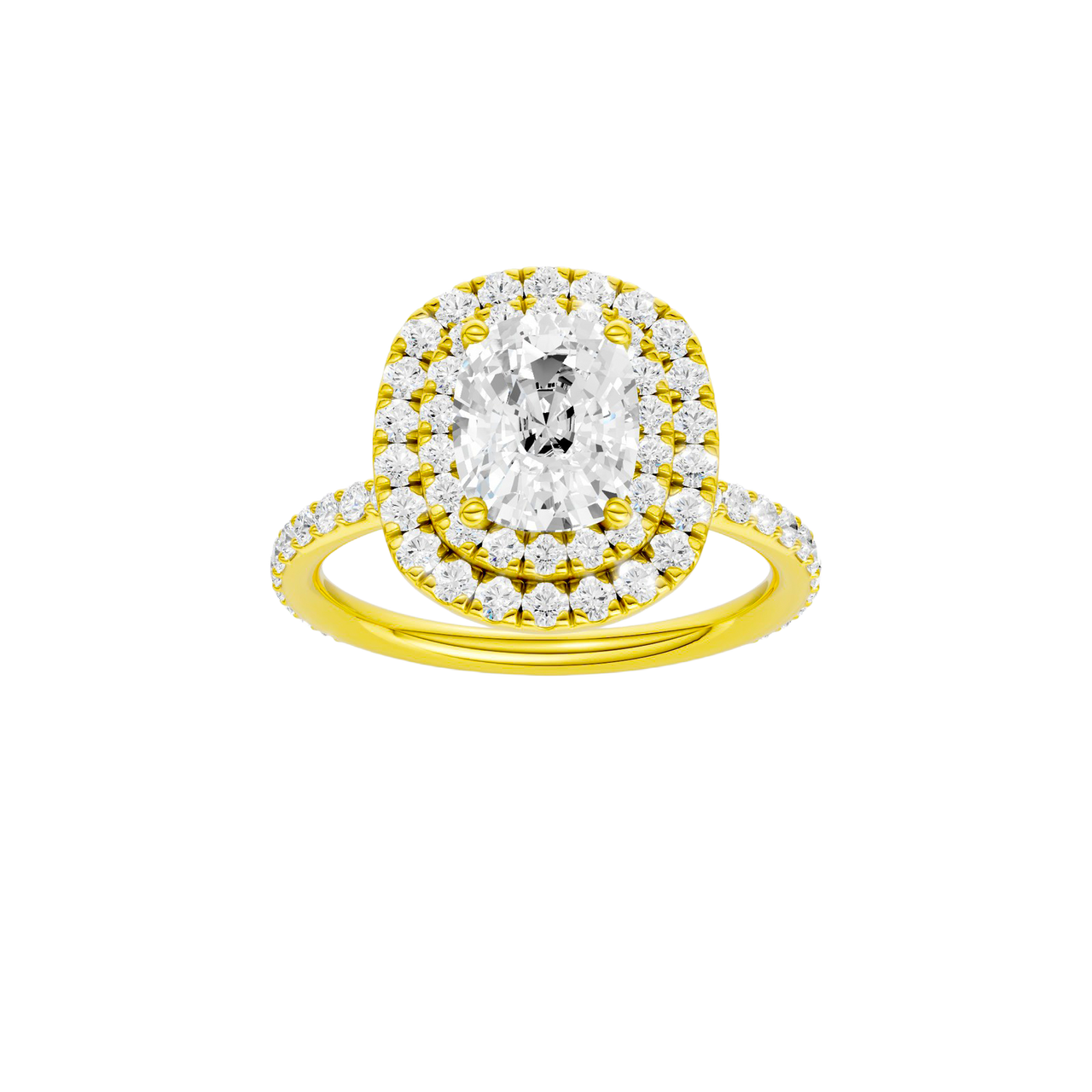 A front view of the Elongated cushion cut diamond engagement ring in 14k yellow gold with a prong diamond band and cathedral setting