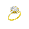 A three-quarter view of the Elongated cushion cut diamond engagement ring in 14k yellow gold with a prong diamond band and cathedral setting
