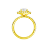 A profile view of the Elongated cushion cut diamond engagement ring in 14k yellow gold with a prong diamond band and cathedral setting