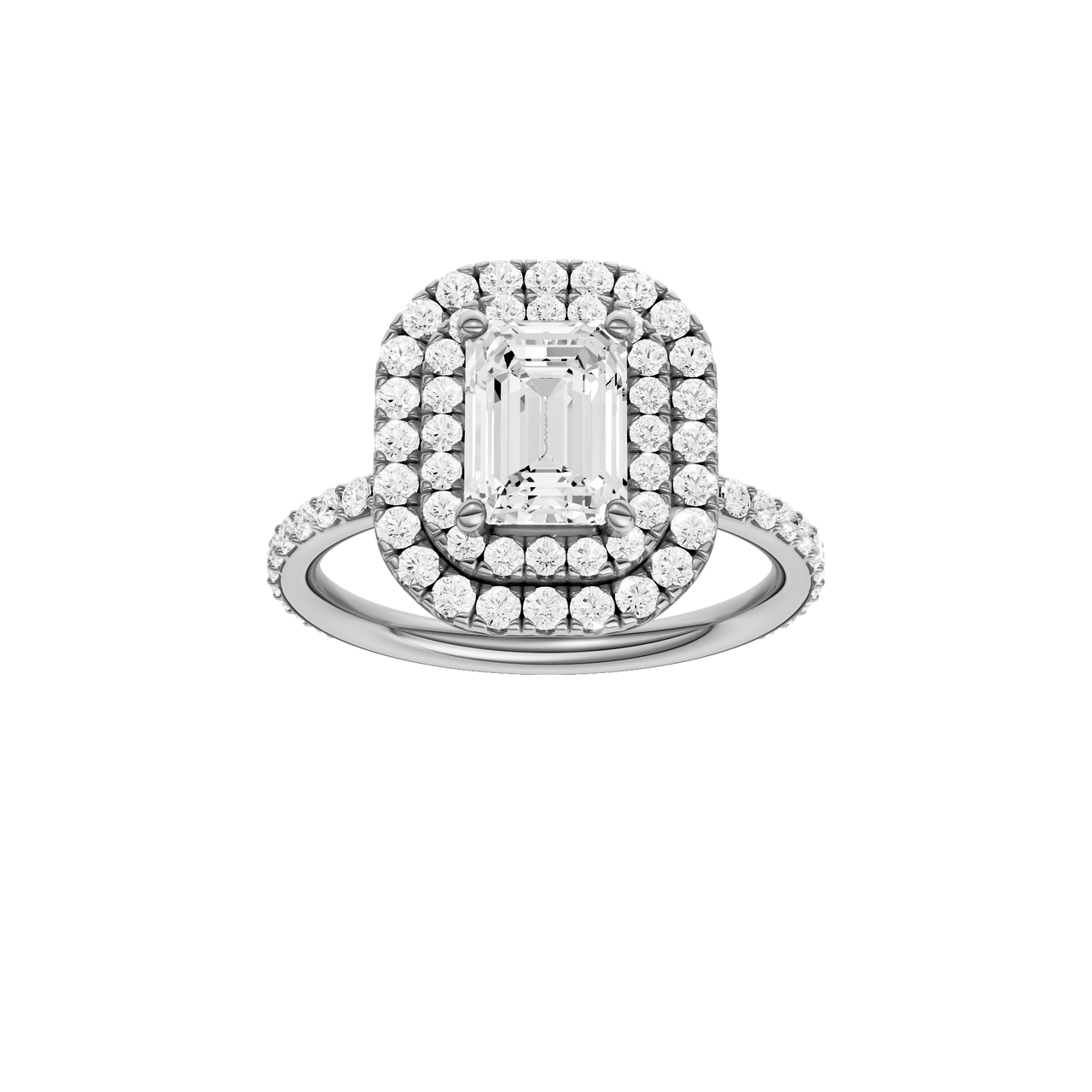 A front view of the Emerald cut diamond engagement ring in 14k white gold with a prong diamond band and cathedral setting
