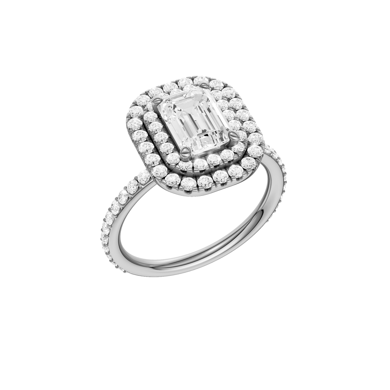 A three-quarter view of the Emerald cut diamond engagement ring in 14k white gold with a prong diamond band and cathedral setting