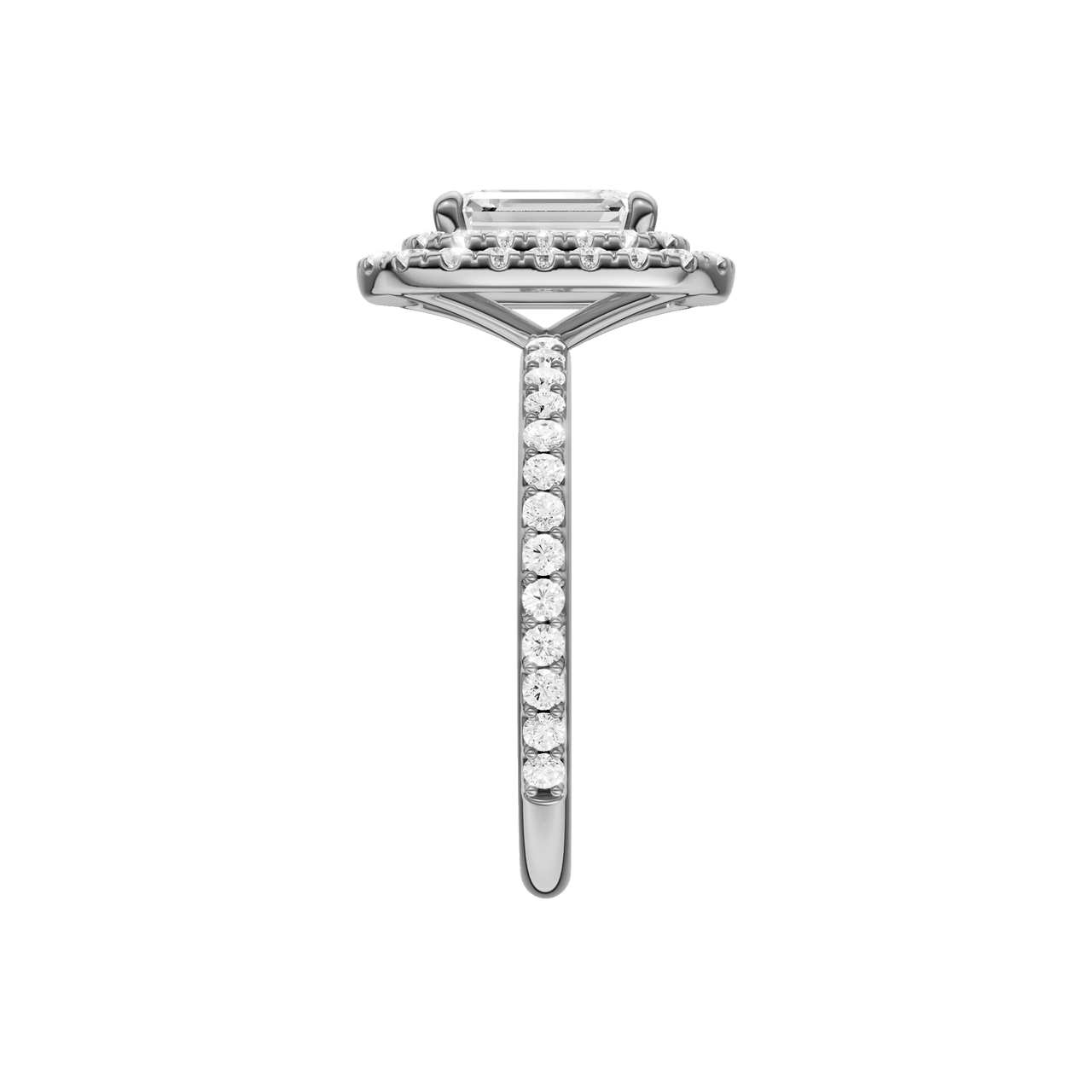 A side view of the Emerald cut diamond engagement ring in 14k white gold with a prong diamond band and cathedral setting